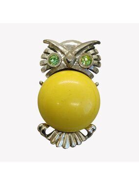Vintage MCM Yellow Jelly Belly Owl Brooch w/Glowing UV Green Eyes Gold Tone 1.5"